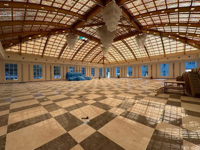 The hall beneath its glazed roof, Venkatamma Ramaiah Kalyana Soudha